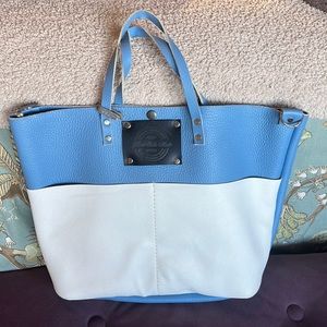Home State Made custom large leather tote in Carolina sky blue and white